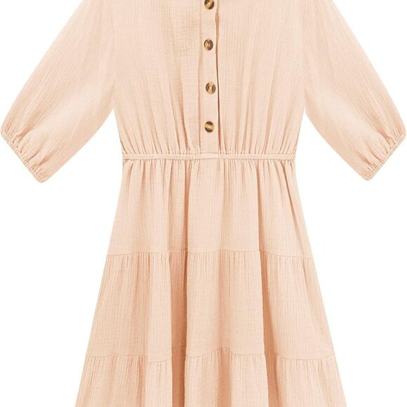 Women's Cotton Linen Mini Dress A-Line Puff Sleeves Button Up Summer Casual - Picture 4 of 6